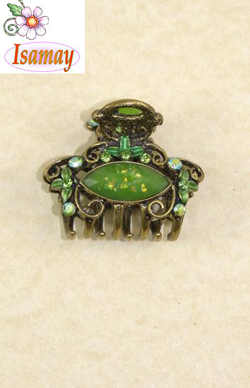 PINZA BRONCE RECTANGULAR PIEDRAS VERDES