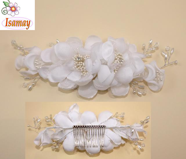 Adornos pelo, complementos de moda y bisutería: Peineta flores blancas tira  perlas y cristal