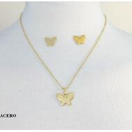 SET PENDIENTE PRESION Y COLGANTE MARIPOSA DORADO ACERO