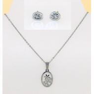 SET GARGANTILLA + PENDIENTES PLATA OVALO FLORES ACERO 
