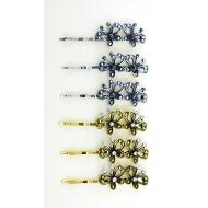 HORQUILLA ORO VIEJO / PLATA VIEJA 2 MARIPOSAS LABRADAS STRASS CRISTAL Y HEMATITE