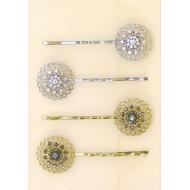 HORQUILLA ORO / PLATA ROSETON FLOR STRASS CRISTAL Y HEMATITE