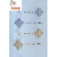 HORQUILLA ORO / PLATA FLOR 4 PICOS LABRADA STRASS 2 TONOS