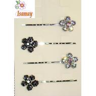 HORQUILLA PLATEADA FLOR DESIGUAL STRASS MENUDO BLANCO / HEMATITE