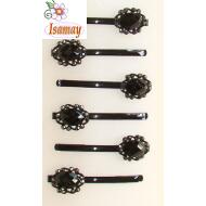 HORQUILLA NEGRA ROSETON LABRADO PIEDRAS OVAL NEGRAS