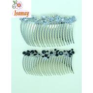 PEINETA GRANDE PLATA RAMILLETE FLORES PIEDRAS CRISTAL / NEGRO
