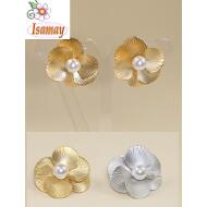 PENDIENTE PRESION FLOR PETALOS ESTRIAS DORADAS / PLATEADAS MATE CON PERLA