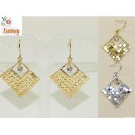 PENDIENTE GANCHO HIPPIE METAL PLATA / DORADO ROMBO FLEXIBLE CON CRISTAL BLANCO