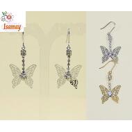 PENDIENTE LARGO PLATEADO / DORADO TIRA STRASS BLANCA Y MARIPOSA CON STRASS 