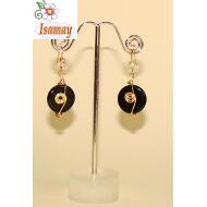 PENDIENTE CIRCULO NEGRO CON ALAMBRE METAL EN ESPIRAL Y STRASS BLANCO