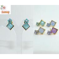 PENDIENTE DORADO PRESION CUADRADO OPAL COLOR CON FLORECITA
