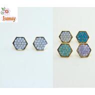 PENDIENTE PRESION DORADO HEXAGONO STRASS OPAL COLORES