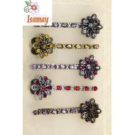 PINZA LATERAL PLATA / BRONCE FLOR PETALOS ESPIRALES FACETADOS FILA STRASS COLORES