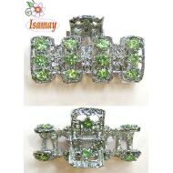PINZA METAL RECTANGULAR RAYAS PIEDRAS VERDES