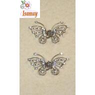 PINZA MARIPOSA METAL PLATA RAMAS PIEDRAS BLANCAS