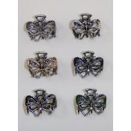 PINZA METAL PLATA VIEJA SILUETA MARIPOSA STRASS COLORES