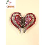 PINZA METAL CORAZON GRANDE PIEDRAS ROJO