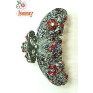 PINZA METAL GRANDE HOJAS PIEDRAS ROJAS