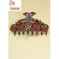 PINZA GRANDE METAL LABRADA ESTAMPADO PIEDRAS ROJAS