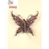 PINZA MARIPOSA PLATEADA FILAS PIEDRAS ROJAS