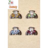 PINZA METAL MEDIA LUNA FLOR CON TALLO PIEDRAS COLORES