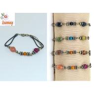 PULSERA CORDON PIEL CADENA BRONCE CON BOLITAS COLORES 