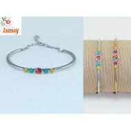 PULSERA FINA RIGIDA ORO Y PLATA MATE BOLITAS COLORES